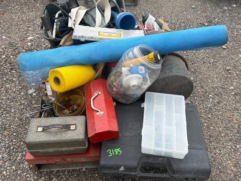 Pallet of Tools, Fiberglass Mesh and Toolboxes — photo 1