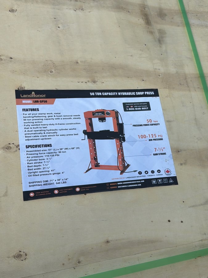 2025 LandHonor LHR-SP50 50 Ton Hydraulic Shop Press (Unused)