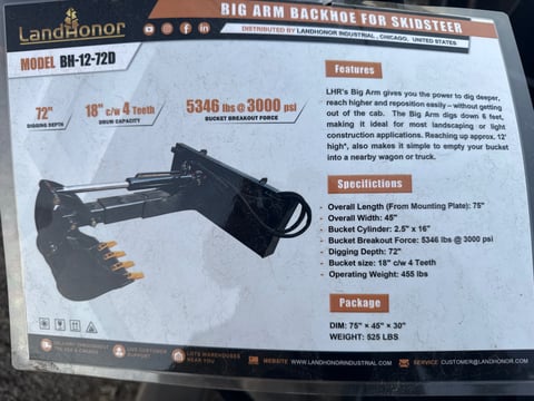 2025 LandHonor BH-12-72D Big Arm Backhoe Attachment for Skid Steer (Unused) — photo 5