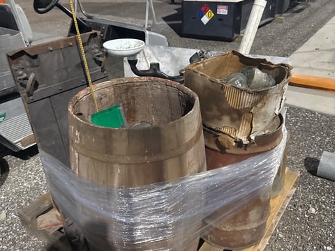 Pallet of Antiques — Wooden Barrels, Oil Cans, Glass Insulators and Cast Iron — photo 2
