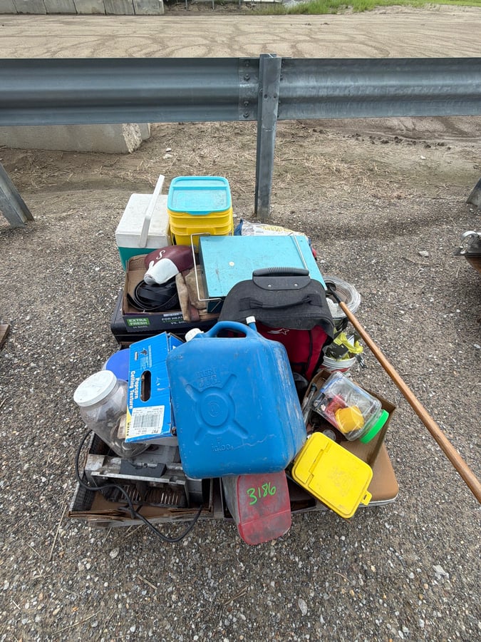 Pallet of Water Jugs, Coolers and Hand Tools