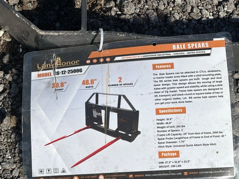 2026 LandHonor BS-12-2500G Skid Steer Bale Spear (Unused) — photo 3