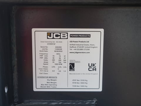 2022 JCB G70RST4F 70KVA Towable Diesel Generator — photo 6