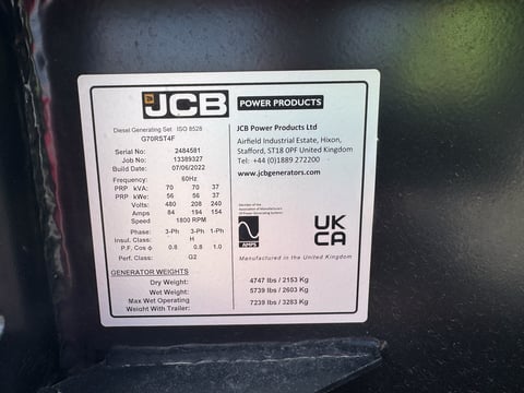 2022 JCB G70RST4F 70 KVA Diesel Towable Generator — photo 8