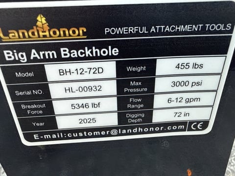 2025 LandHonor BH-12-72D Big Arm Backhoe Attachment for Skid Steer (Unused) — photo 6