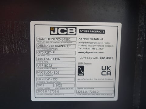 2022 JCB G70RST4F 70KVA Towable Diesel Generator — photo 7
