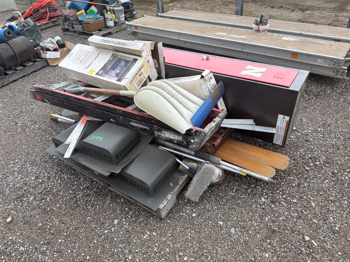 Pallet of Shovels, Storage Cabinet and Yard Tools