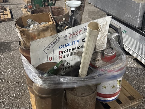 Pallet of Antiques — Wooden Barrels, Oil Cans, Glass Insulators and Cast Iron — photo 3