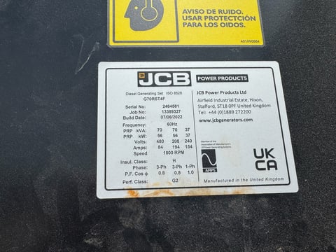 2022 JCB G70RST4F 70 KVA Diesel Towable Generator — photo 10
