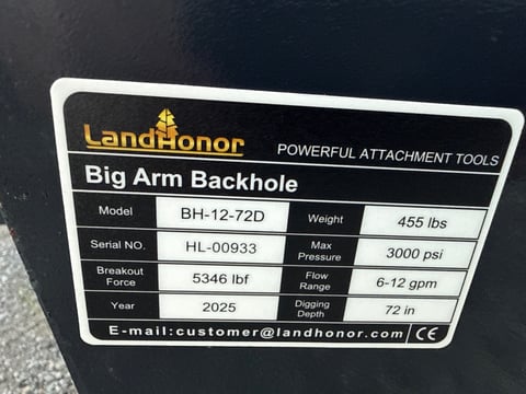 2025 LandHonor BH-12-72D Big Arm Backhoe Attachment for Skid Steer (Unused) — photo 6
