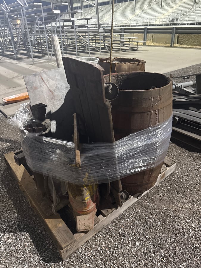 Pallet of Antiques — Wooden Barrels, Oil Cans, Glass Insulators and Cast Iron