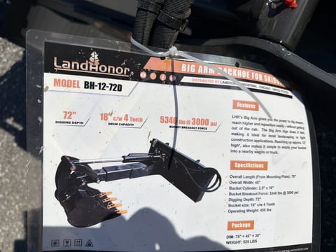 2026 LandHonor BH-12-72D Big Arm Backhoe Attachment for Skid Steer (Unused) — photo 5