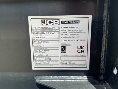 2022 JCB G70RST4F 70 KVA Diesel Towable Generator — photo 9