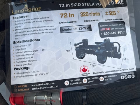 2025 LandHonor PR-12-72W 72in Skid Steer Power Rake (Unused) — photo 6