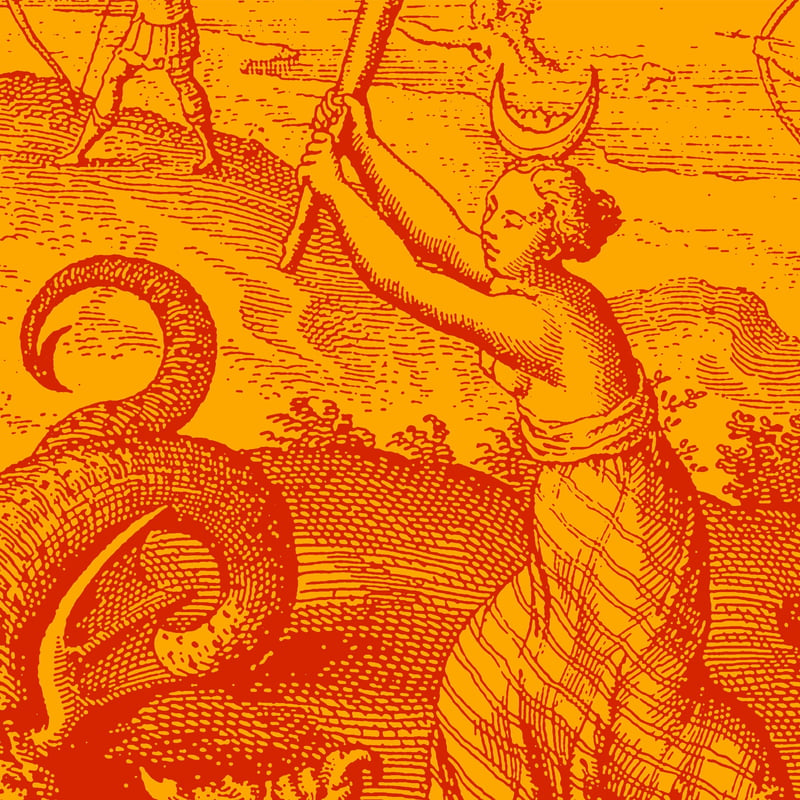 woodcut print of woman fighting a octopus