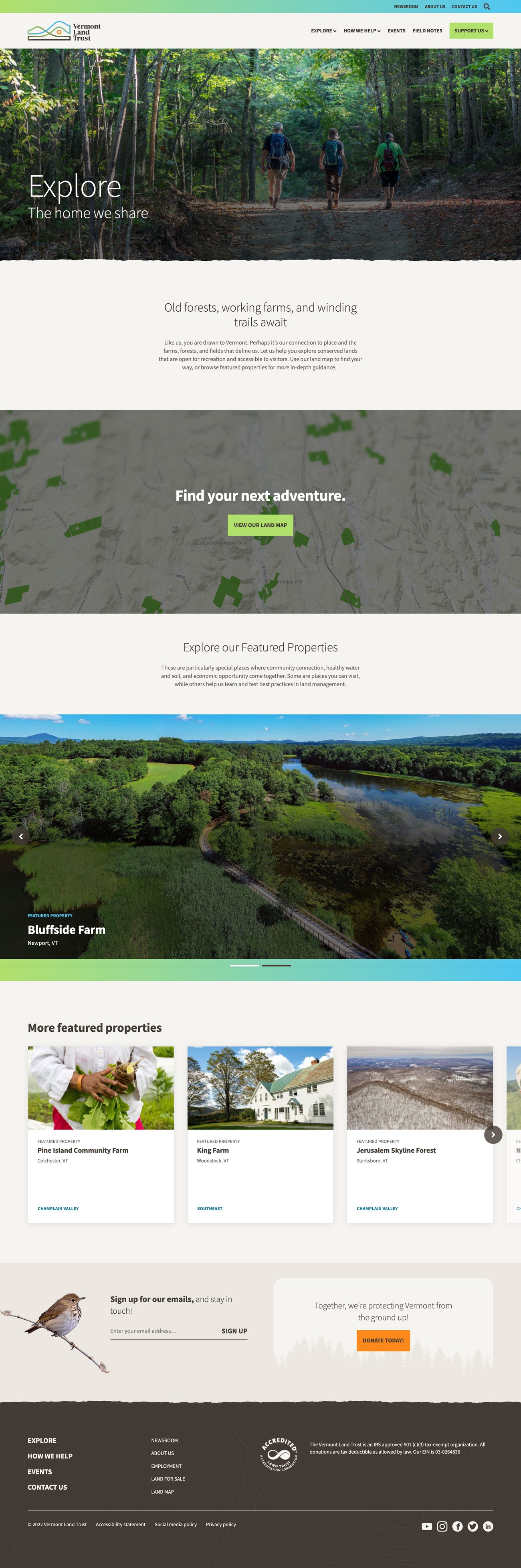 Vermont Land Trust explore landing page