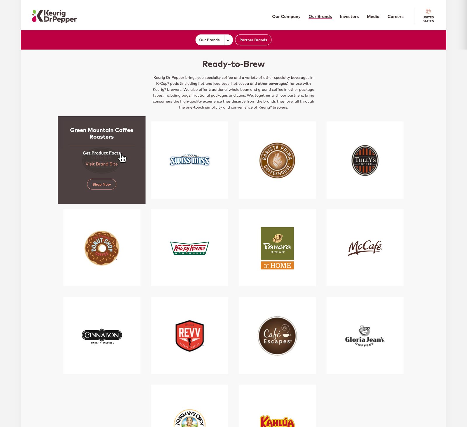 Keurig Dr Pepper family of brands page showing a hover state on a card