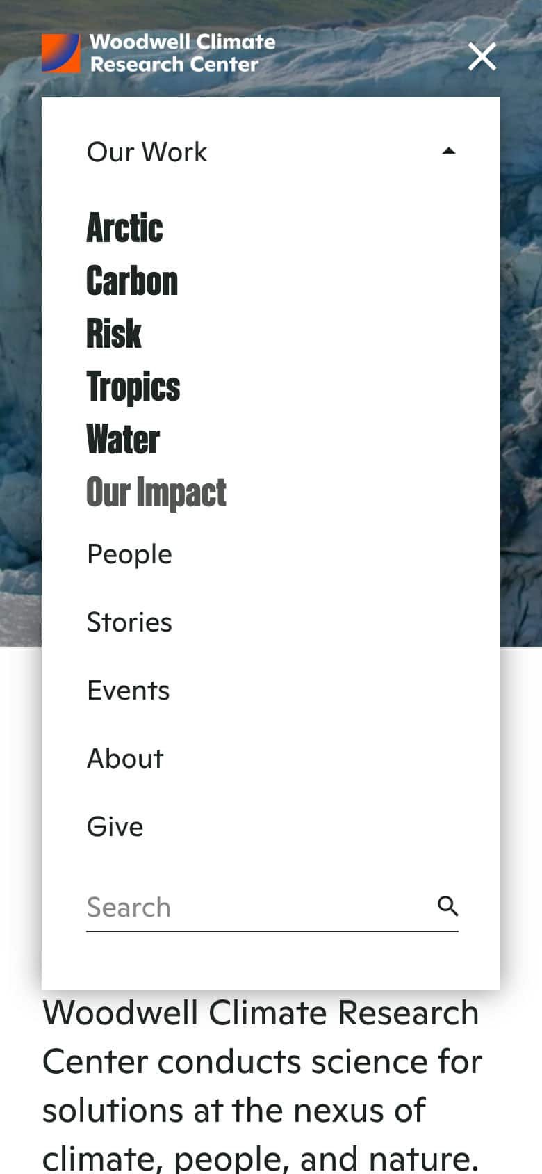 Woodwell Climate Research Center navigation (mobile)