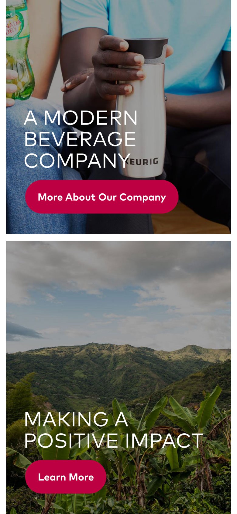 Keurig Dr Pepper homepage featured call-outs (mobile)