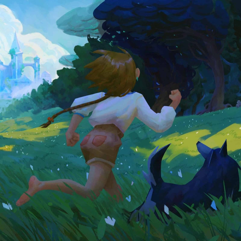 illustration of a child running through a field with a dog