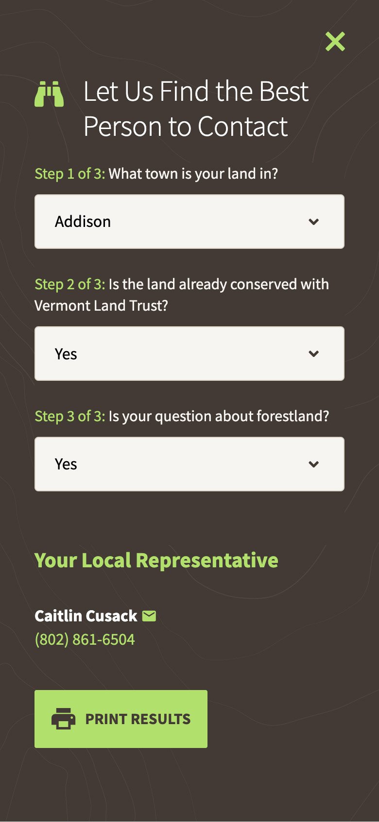 Vermont Land Trust contact wizard (mobile)