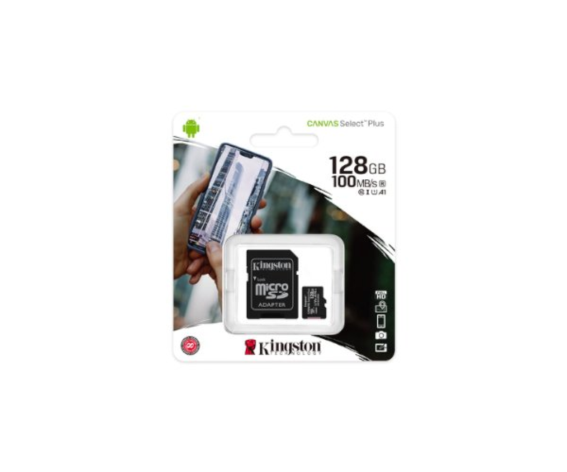כרטיס זכרון Kingston 128GB UHS-1 Canvas Select Plus Adapter incl