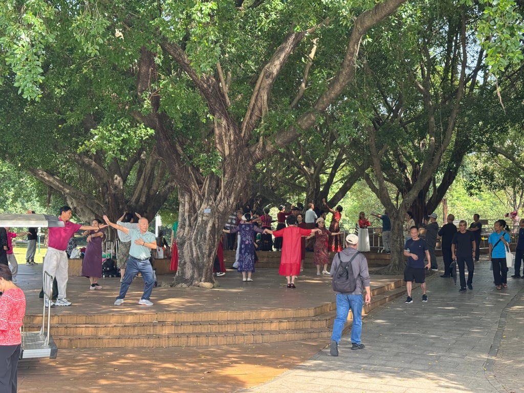 The parks were well-used. We saw people walking, relaxing, etc. This group of people was stretching to the sound of pop music (I think?)