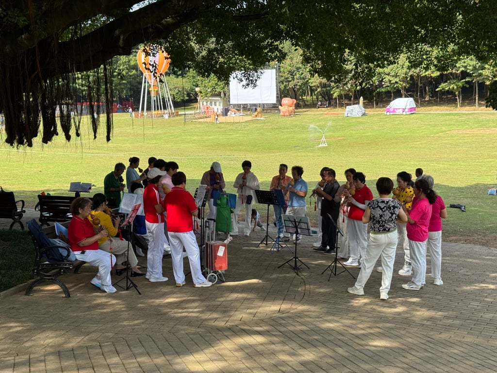 The loudspeakers from the stretching group was drowning out a public Hulusi (gourd-flute) concert.