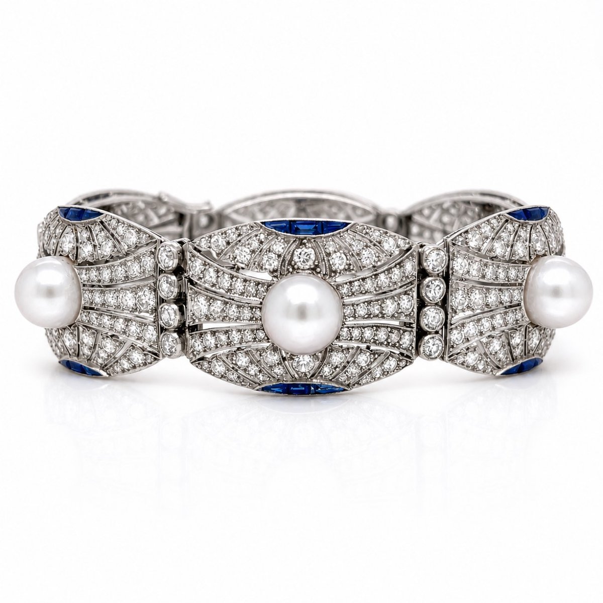 Incredible Art Deco LFG Certified Platinum Diamond, Natural Pearl, and Sapphire Bracelet