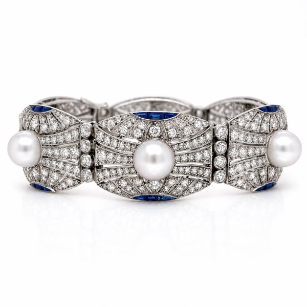Incredible Art Deco LFG Certified Platinum Diamond, Natural Pearl, and Sapphire Bracelet