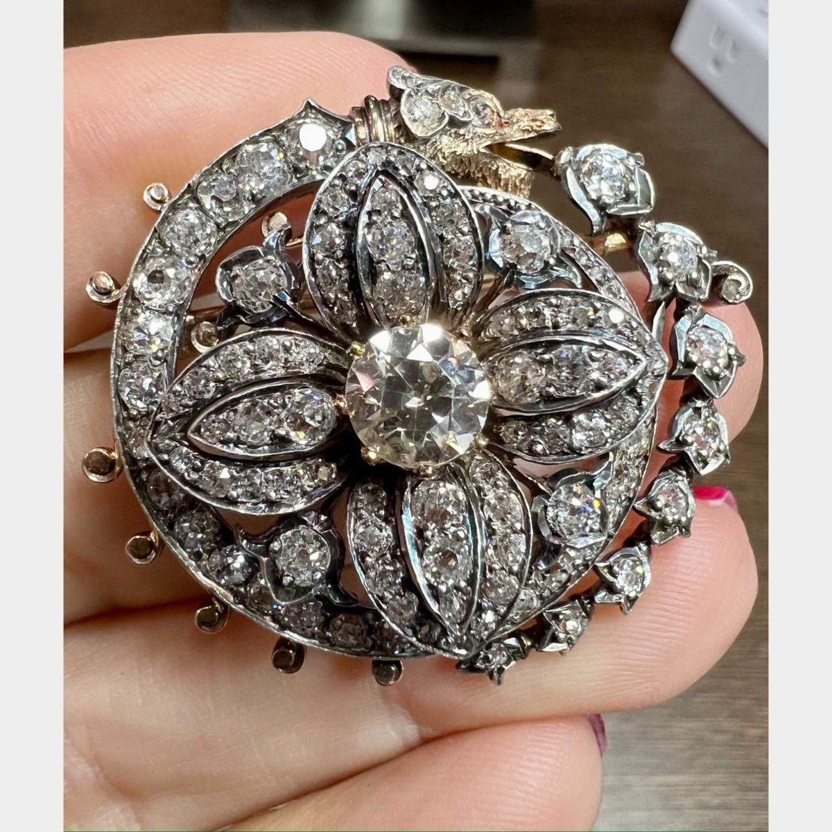Victorian 18K & Silver Top Diamond Brooch