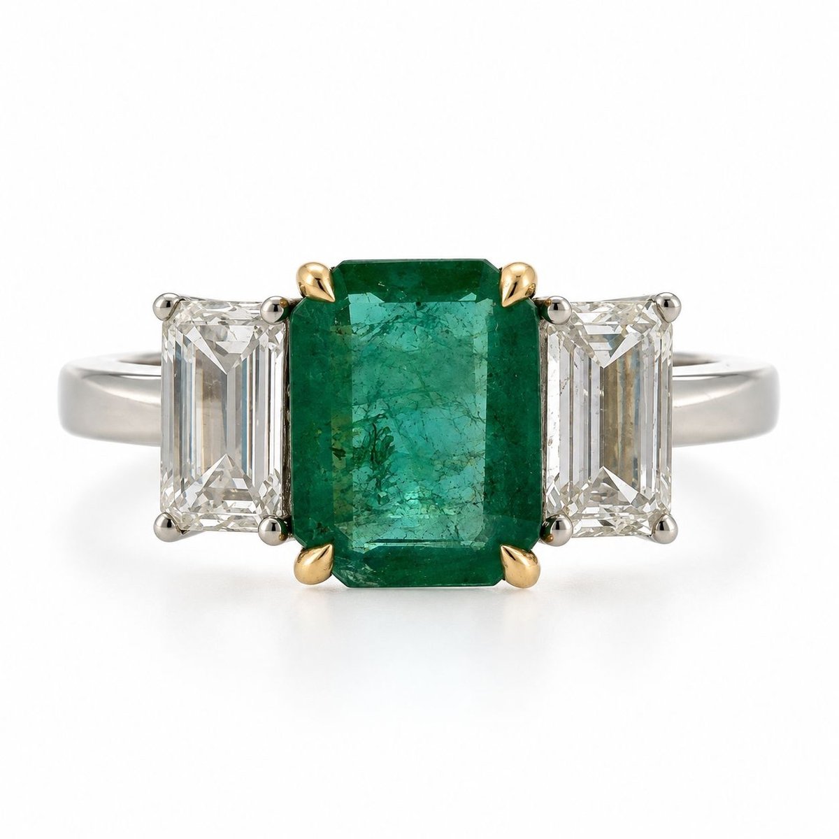 14K White Gold Emerald & Diamond Ring