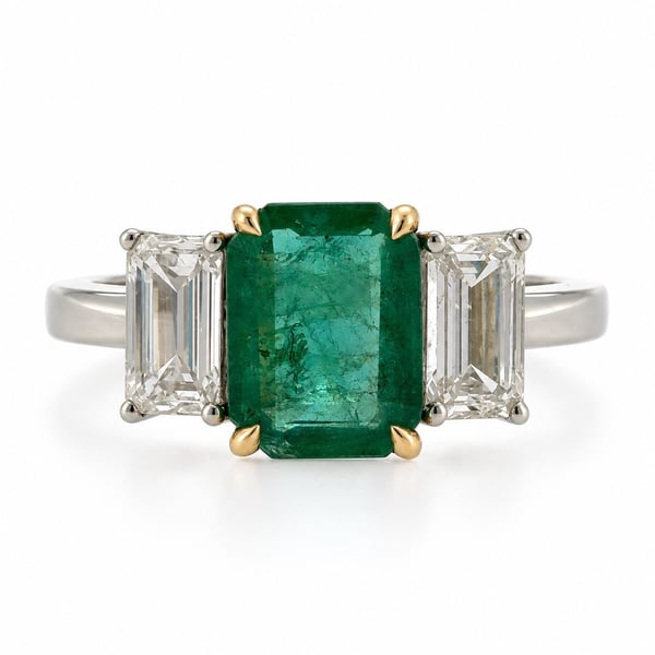 14K White Gold Emerald & Diamond Ring