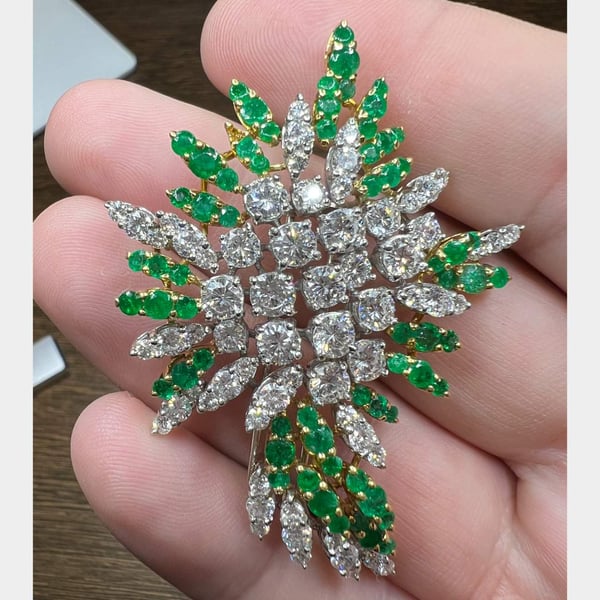 18K Yellow Gold & Platinum Diamond and Emerald Brooch