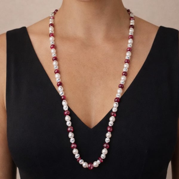 Platinum Ruby, Diamond, and Pearl Necklace