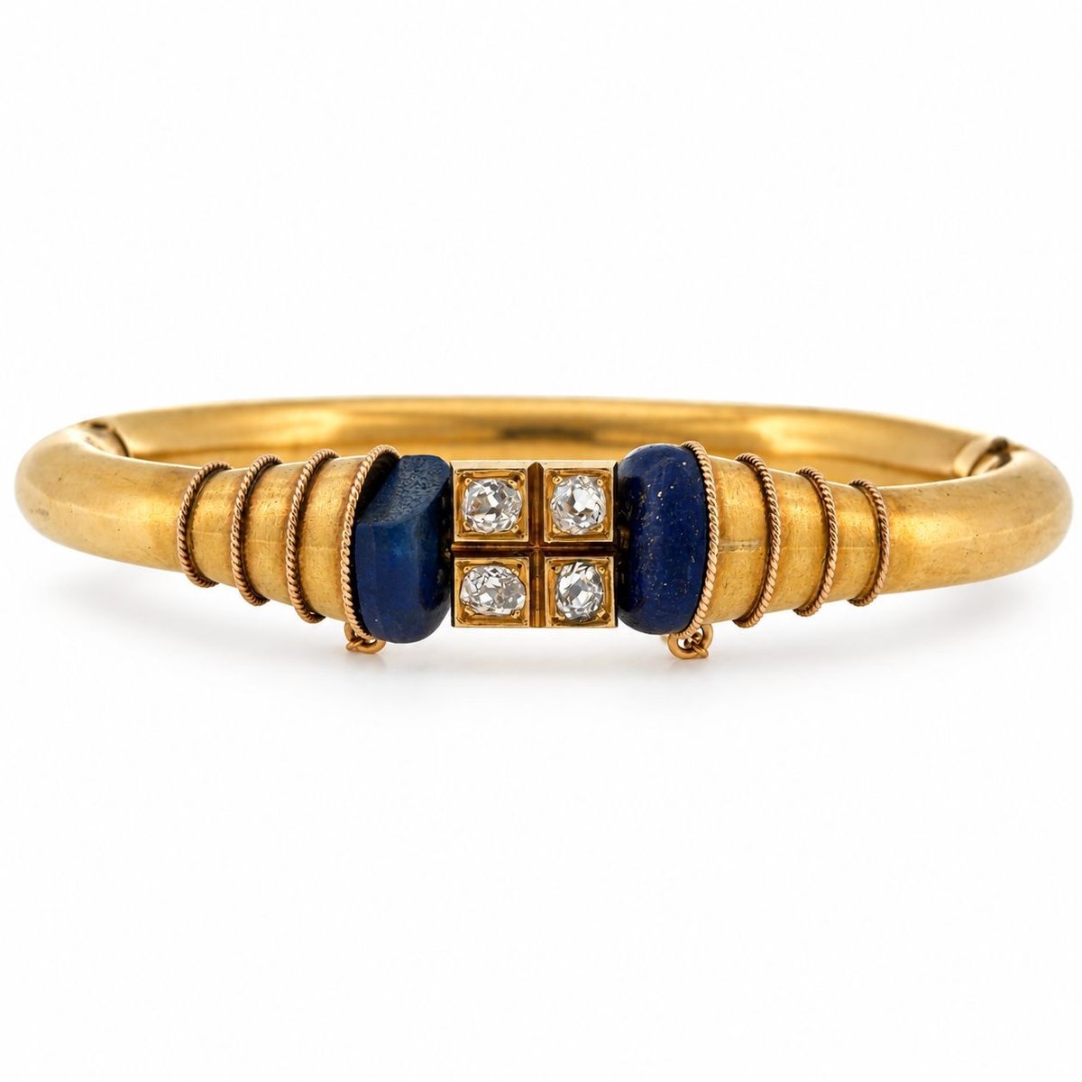 Antique 18K Yellow Gold Lapis Lazuli & Diamond Bangle Bracelet