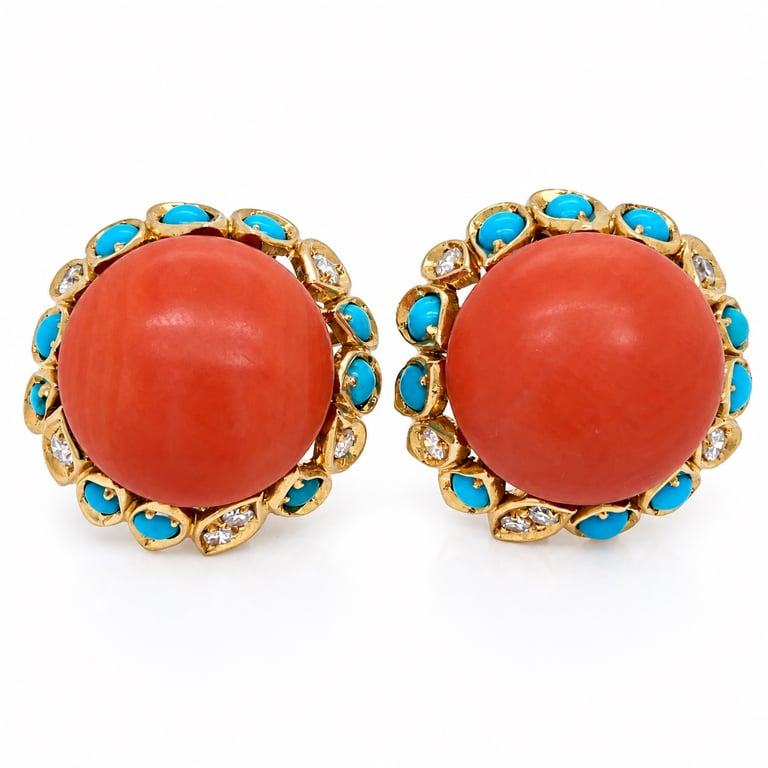 1960’s 18K Yellow Gold Diamond, Coral, & Turquoise Earrings