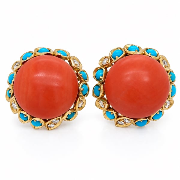 1960's 18K Yellow Gold Diamond, Coral, & Turquoise Earrings