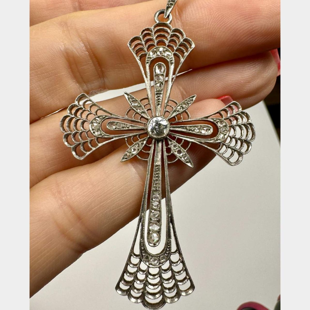 Antique Platinum & 18K Diamond Cross Pendant