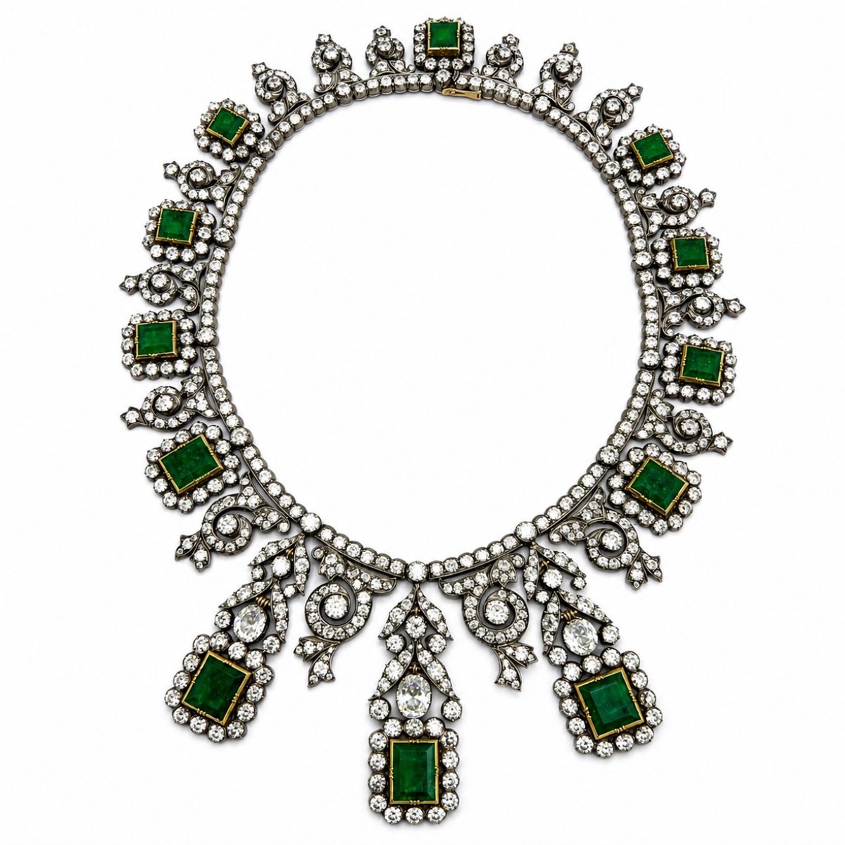 Victorian 18K & Silver Top Emerald and Diamond Necklace