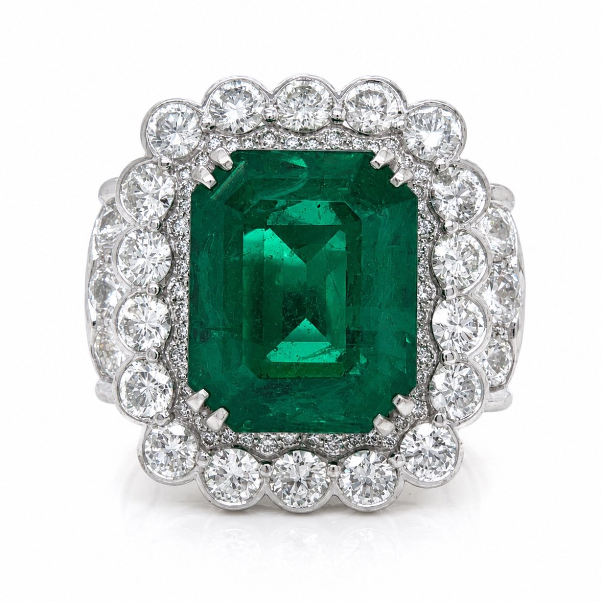 18K White Gold Synthetic Emerald & Diamond Ring