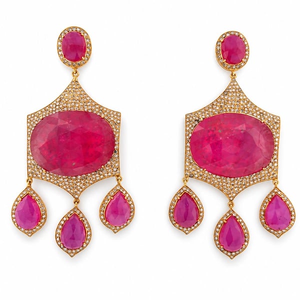 14K Yellow Gold & Sterling Silver Diamond and Glass Filled Ruby Earrings