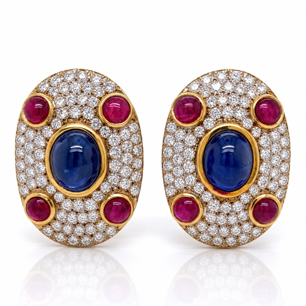 18K Yellow Gold Sapphire, Ruby, and Diamond Earrings