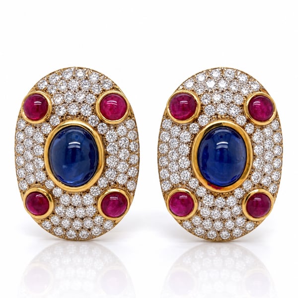 18K Yellow Gold Sapphire, Ruby, and Diamond Earrings