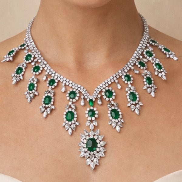 18K White Gold Colombian Emerald & Diamond Necklace