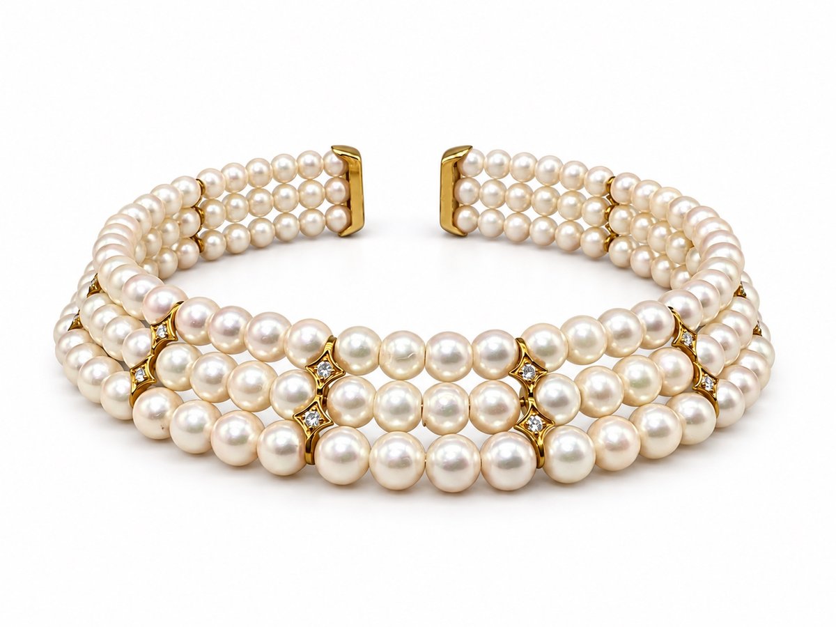 18K Yellow Gold Diamond & Cultured Pearl Choker Necklace