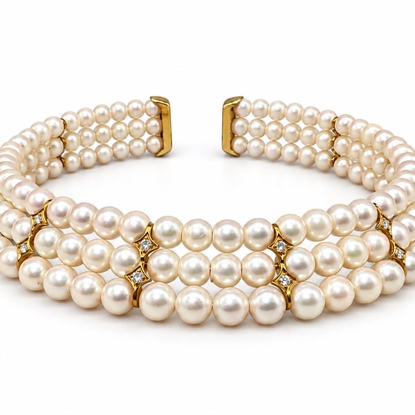 18K Yellow Gold Diamond & Cultured Pearl Choker Necklace