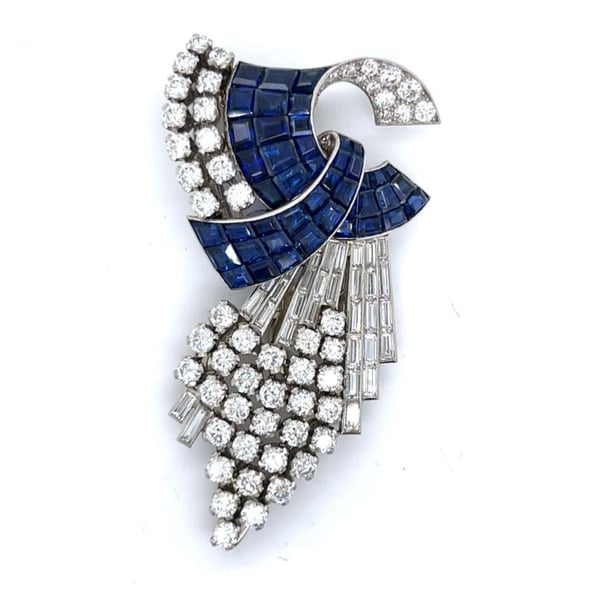 Art Deco Platinum Sapphire & Diamond Brooch