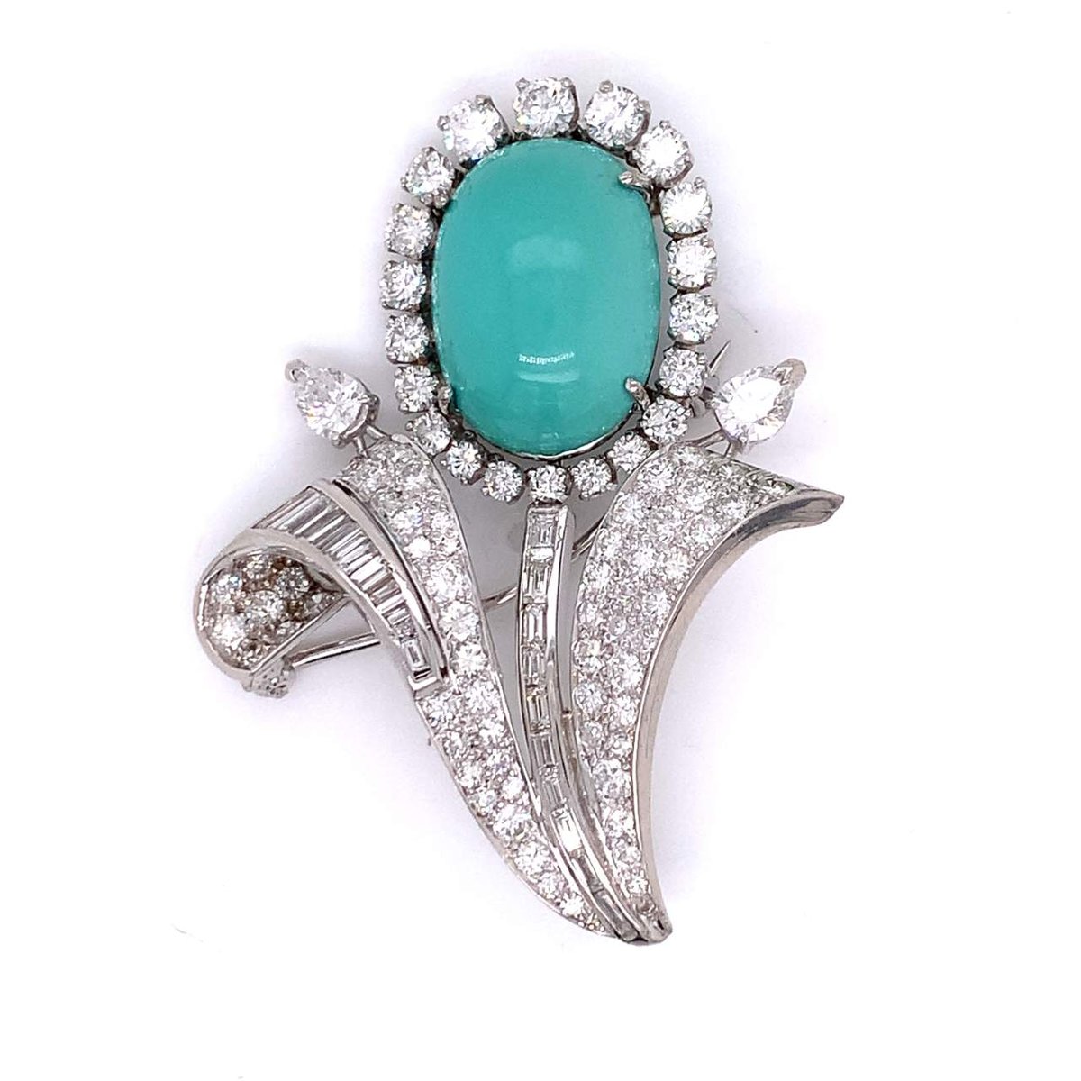 Art Deco Platinum Turquoise and Diamond Flower Brooch