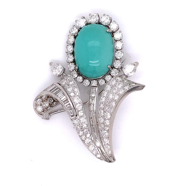 Art Deco Platinum Turquoise and Diamond Flower Brooch